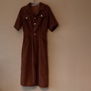 Brown Corduroy Short-Sleeve Button-Front Midi Dress, P2P 18", L 42", W 27"
